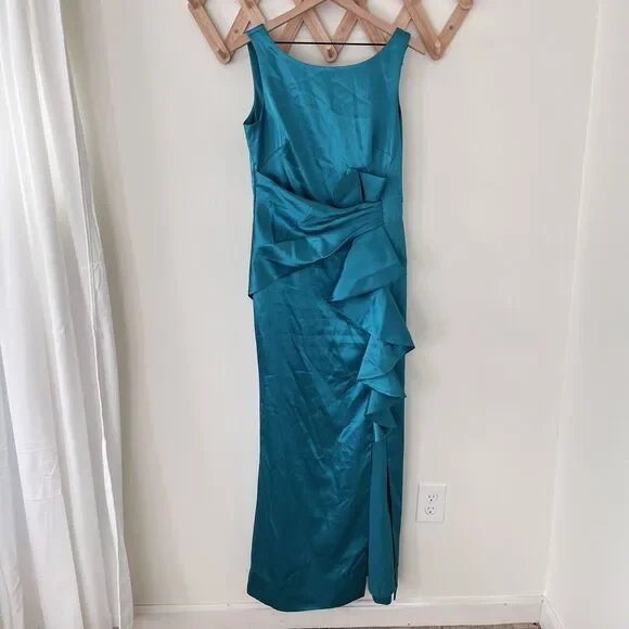 Eliza J Ruffle Satin Jade Green Mermaid Gown Size 10 - Picture 3 of 10